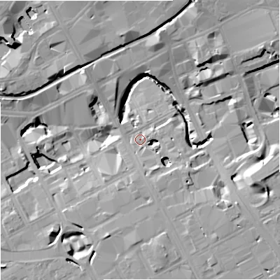 Shaded relief map of the ground around M17GA, computed from Environment Agency LiDAR. The ground here sits at about 33 m above sea level and falls 16 m across the surrounding 800 m. Surface water reaching this point runs off ground lying to the east-south-east, 14.9 m higher.