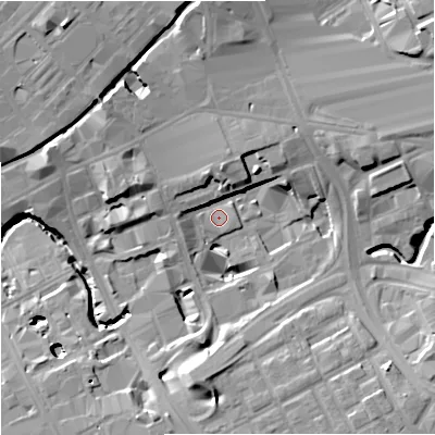Shaded relief map of the ground around M17JR, computed from Environment Agency LiDAR. The ground here sits at about 33 m above sea level and falls 19 m across the surrounding 800 m. Surface water reaching this point runs off ground lying to the west, 6.5 m higher.