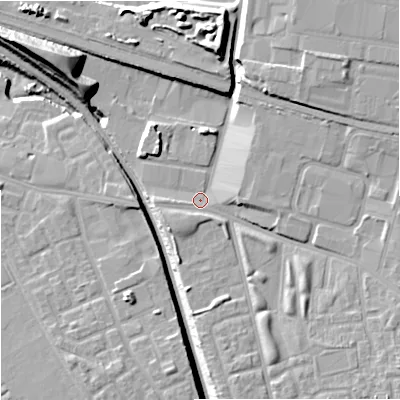 Shaded relief map of the ground around M188DA, computed from Environment Agency LiDAR. The ground here sits at about 61 m above sea level and falls 20 m across the surrounding 800 m. Surface water reaching this point runs off ground lying to the south-east, 7.1 m higher.