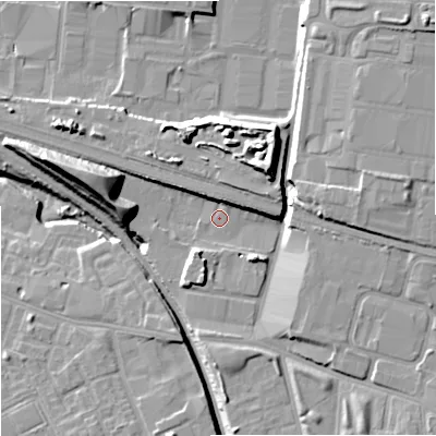 Shaded relief map of the ground around M188DB, computed from Environment Agency LiDAR. The ground here sits at about 60 m above sea level and falls 20 m across the surrounding 800 m. Surface water reaching this point runs off ground lying to the west-north-west, 13.1 m higher.