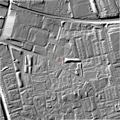 Shaded relief map of the ground around M188ED, computed from Environment Agency LiDAR. The ground here sits at about 66 m above sea level and falls 20 m across the surrounding 800 m. Surface water reaching this point runs off ground lying to the east, 4.2 m higher.