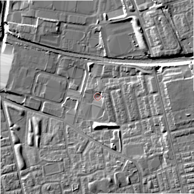 Shaded relief map of the ground around M188EF, computed from Environment Agency LiDAR. The ground here sits at about 66 m above sea level and falls 19 m across the surrounding 800 m. Surface water reaching this point runs off ground lying to the east, 2.2 m higher.