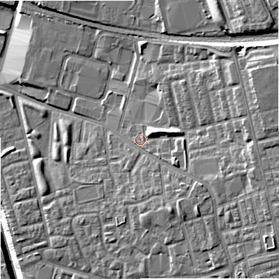 Shaded relief map of the ground around M188EL, computed from Environment Agency LiDAR. The ground here sits at about 66 m above sea level and falls 20 m across the surrounding 800 m. Surface water reaching this point runs off ground lying to the east-north-east, 4.1 m higher.