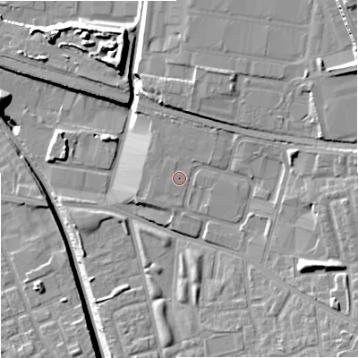 Shaded relief map of the ground around M188EQ, computed from Environment Agency LiDAR. The ground here sits at about 64 m above sea level and falls 19 m across the surrounding 800 m. The ground contributing surface water to this point lies to the west-south-west.