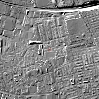 Shaded relief map of the ground around M188NJ, computed from Environment Agency LiDAR. The ground here sits at about 69 m above sea level and falls 15 m across the surrounding 800 m. Surface water reaching this point runs off ground lying to the east-south-east, 3.8 m higher.