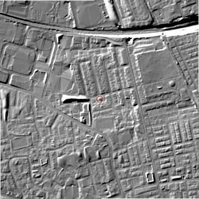 Shaded relief map of the ground around M188NL, computed from Environment Agency LiDAR. The ground here sits at about 68 m above sea level and falls 16 m across the surrounding 800 m. Surface water reaching this point runs off ground lying to the south-east, 5.0 m higher.