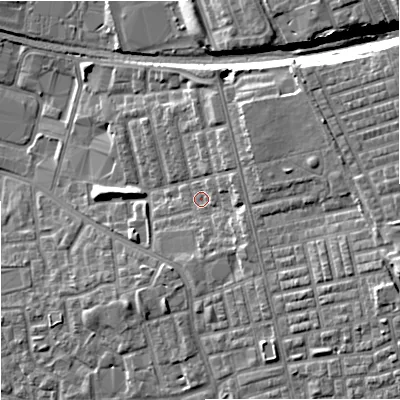 Shaded relief map of the ground around M188NP, computed from Environment Agency LiDAR. The ground here sits at about 69 m above sea level and falls 16 m across the surrounding 800 m. Surface water reaching this point runs off ground lying to the east-south-east, 3.7 m higher.