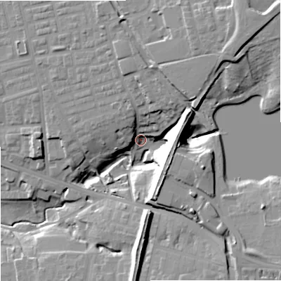 Shaded relief map of the ground around M188UJ, computed from Environment Agency LiDAR. The ground here sits at about 64 m above sea level and falls 29 m across the surrounding 800 m. Surface water reaching this point runs off ground lying to the north-east, 26.4 m higher.