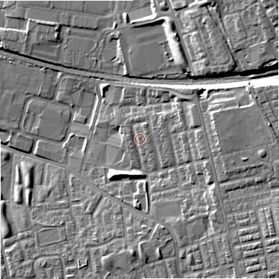 Shaded relief map of the ground around M188WW, computed from Environment Agency LiDAR. The ground here sits at about 68 m above sea level and falls 18 m across the surrounding 800 m. Surface water reaching this point runs off ground lying to the north-east, 2.3 m higher.