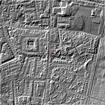 Shaded relief map of the ground around M191EE, computed from Environment Agency LiDAR. The ground here sits at about 48 m above sea level and falls 12 m across the surrounding 800 m. Surface water reaching this point runs off ground lying to the south-east, 7.0 m higher.