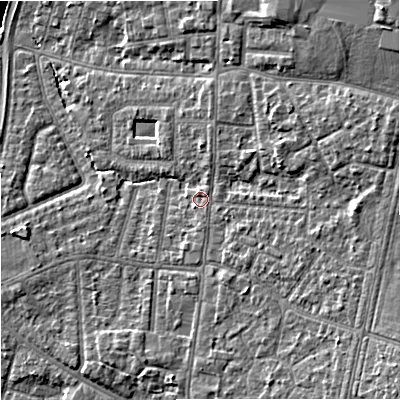 Shaded relief map of the ground around M191EF, computed from Environment Agency LiDAR. The ground here sits at about 47 m above sea level and falls 12 m across the surrounding 800 m. Surface water reaching this point runs off ground lying to the east-south-east, 3.0 m higher.