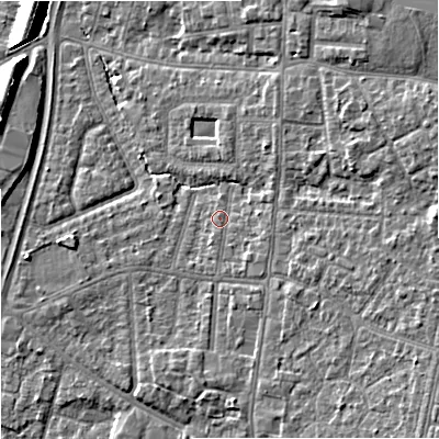 Shaded relief map of the ground around M191EH, computed from Environment Agency LiDAR. The ground here sits at about 46 m above sea level and falls 11 m across the surrounding 800 m. Surface water reaching this point runs off ground lying to the east-south-east, 3.9 m higher.