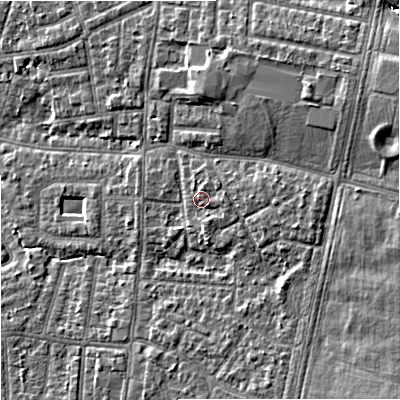Shaded relief map of the ground around M191ET, computed from Environment Agency LiDAR. The ground here sits at about 49 m above sea level and falls 11 m across the surrounding 800 m. Surface water reaching this point runs off ground lying to the east, 1.7 m higher.