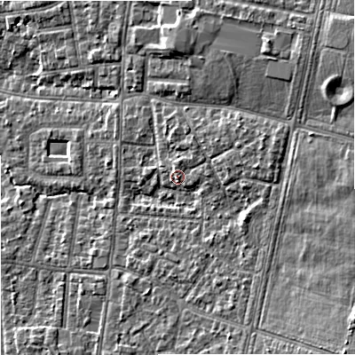 Shaded relief map of the ground around M191EU, computed from Environment Agency LiDAR. The ground here sits at about 49 m above sea level and falls 12 m across the surrounding 800 m. Surface water reaching this point runs off ground lying to the east, 3.4 m higher.