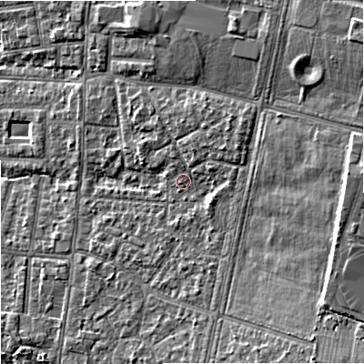 Shaded relief map of the ground around M191EX, computed from Environment Agency LiDAR. The ground here sits at about 49 m above sea level and falls 13 m across the surrounding 800 m. Surface water reaching this point runs off ground lying to the south-east, 7.4 m higher.
