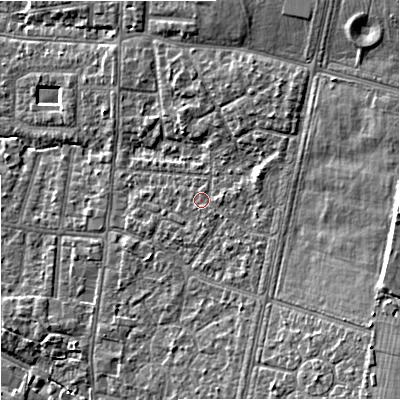 Shaded relief map of the ground around M191EY, computed from Environment Agency LiDAR. The ground here sits at about 49 m above sea level and falls 13 m across the surrounding 800 m. Surface water reaching this point runs off ground lying to the south-east, 7.2 m higher.