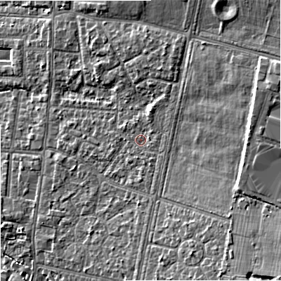 Shaded relief map of the ground around M191EZ, computed from Environment Agency LiDAR. The ground here sits at about 50 m above sea level and falls 14 m across the surrounding 800 m. Surface water reaching this point runs off ground lying to the south-east, 6.6 m higher.