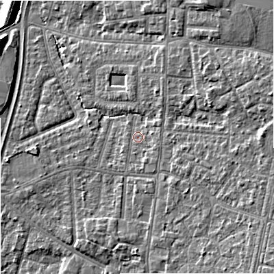 Shaded relief map of the ground around M191FF, computed from Environment Agency LiDAR. The ground here sits at about 46 m above sea level and falls 12 m across the surrounding 800 m. Surface water reaching this point runs off ground lying to the east-south-east, 3.9 m higher.