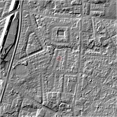 Shaded relief map of the ground around M191FH, computed from Environment Agency LiDAR. The ground here sits at about 46 m above sea level and falls 11 m across the surrounding 800 m. Surface water reaching this point runs off ground lying to the south-east, 6.3 m higher.