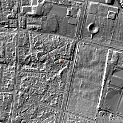 Shaded relief map of the ground around M191FU, computed from Environment Agency LiDAR. The ground here sits at about 50 m above sea level and falls 12 m across the surrounding 800 m. Surface water reaching this point runs off ground lying to the east, 5.7 m higher.
