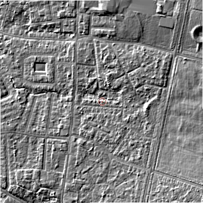 Shaded relief map of the ground around M191FX, computed from Environment Agency LiDAR. The ground here sits at about 48 m above sea level and falls 13 m across the surrounding 800 m. Surface water reaching this point runs off ground lying to the south-east, 7.5 m higher.