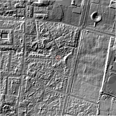 Shaded relief map of the ground around M191HG, computed from Environment Agency LiDAR. The ground here sits at about 49 m above sea level and falls 13 m across the surrounding 800 m. Surface water reaching this point runs off ground lying to the south-east, 7.9 m higher.