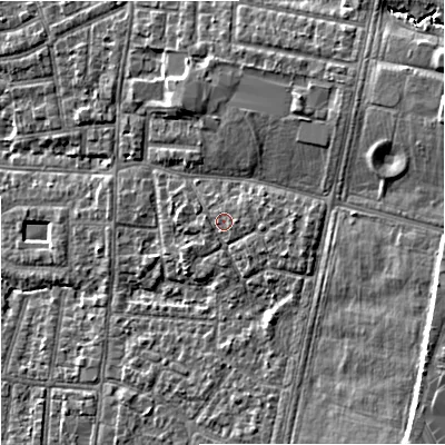 Shaded relief map of the ground around M191HQ, computed from Environment Agency LiDAR. The ground here sits at about 49 m above sea level and falls 12 m across the surrounding 800 m. Surface water reaching this point runs off ground lying to the south-east, 0.9 m higher.