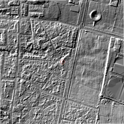 Shaded relief map of the ground around M191HS, computed from Environment Agency LiDAR. The ground here sits at about 50 m above sea level and falls 13 m across the surrounding 800 m. Surface water reaching this point runs off ground lying to the south-east, 8.7 m higher.