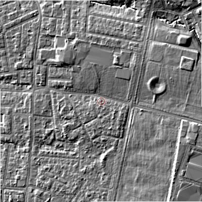 Shaded relief map of the ground around M191XS, computed from Environment Agency LiDAR. The ground here sits at about 50 m above sea level and falls 14 m across the surrounding 800 m. Surface water reaching this point runs off ground lying to the north-east, 3.4 m higher.