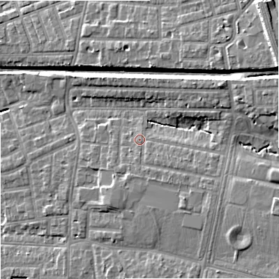 Shaded relief map of the ground around M192GJ, computed from Environment Agency LiDAR. The ground here sits at about 49 m above sea level and falls 16 m across the surrounding 800 m. Surface water reaching this point runs off ground lying to the south-east, 3.8 m higher.