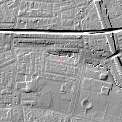 Shaded relief map of the ground around M192GL, computed from Environment Agency LiDAR. The ground here sits at about 49 m above sea level and falls 16 m across the surrounding 800 m. Surface water reaching this point runs off ground lying to the south-east, 2.5 m higher.