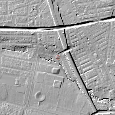 Shaded relief map of the ground around M192GN, computed from Environment Agency LiDAR. The ground here sits at about 52 m above sea level and falls 14 m across the surrounding 800 m. Surface water reaching this point runs off ground lying to the south-east, 8.7 m higher.
