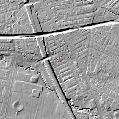 Shaded relief map of the ground around M192GR, computed from Environment Agency LiDAR. The ground here sits at about 55 m above sea level and falls 13 m across the surrounding 800 m. Surface water reaching this point runs off ground lying to the north-east, 3.1 m higher.