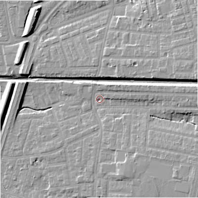 Shaded relief map of the ground around M192HR, computed from Environment Agency LiDAR. The ground here sits at about 47 m above sea level and falls 13 m across the surrounding 800 m. Surface water reaching this point runs off ground lying to the east, 8.0 m higher.