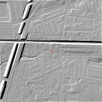 Shaded relief map of the ground around M192HS, computed from Environment Agency LiDAR. The ground here sits at about 46 m above sea level and falls 13 m across the surrounding 800 m. Surface water reaching this point runs off ground lying to the north, 1.2 m higher.