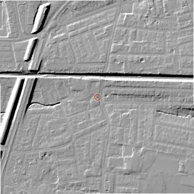 Shaded relief map of the ground around M192HT, computed from Environment Agency LiDAR. The ground here sits at about 46 m above sea level and falls 13 m across the surrounding 800 m. Surface water reaching this point runs off ground lying to the east, 7.8 m higher.