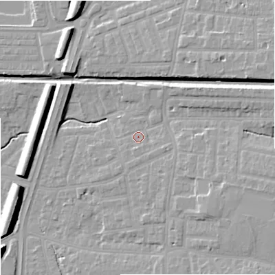Shaded relief map of the ground around M192HU, computed from Environment Agency LiDAR. The ground here sits at about 46 m above sea level and falls 12 m across the surrounding 800 m. Surface water reaching this point runs off ground lying to the south, 1.2 m higher.