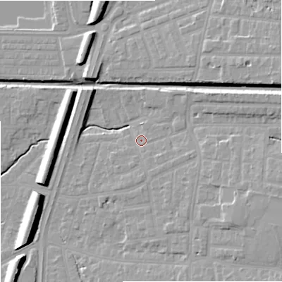 Shaded relief map of the ground around M192JE, computed from Environment Agency LiDAR. The ground here sits at about 46 m above sea level and falls 13 m across the surrounding 800 m. Surface water reaching this point runs off ground lying to the south-east, 2.1 m higher.