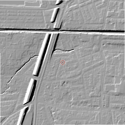 Shaded relief map of the ground around M192JJ, computed from Environment Agency LiDAR. The ground here sits at about 45 m above sea level and falls 13 m across the surrounding 800 m. Surface water reaching this point runs off ground lying to the east, 2.8 m higher.
