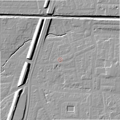 Shaded relief map of the ground around M192JL, computed from Environment Agency LiDAR. The ground here sits at about 46 m above sea level and falls 13 m across the surrounding 800 m. Surface water reaching this point runs off ground lying to the east-north-east, 1.5 m higher.