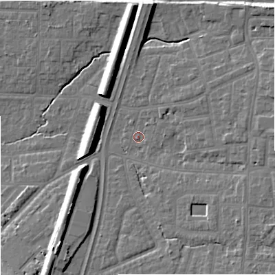 Shaded relief map of the ground around M192JN, computed from Environment Agency LiDAR. The ground here sits at about 43 m above sea level and falls 12 m across the surrounding 800 m. Surface water reaching this point runs off ground lying to the east, 6.7 m higher.