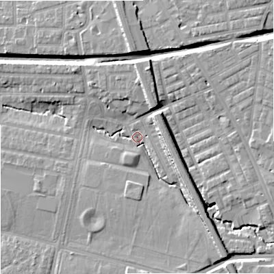 Shaded relief map of the ground around M192JU, computed from Environment Agency LiDAR. The ground here sits at about 51 m above sea level and falls 15 m across the surrounding 800 m. Surface water reaching this point runs off ground lying to the south-east, 9.9 m higher.