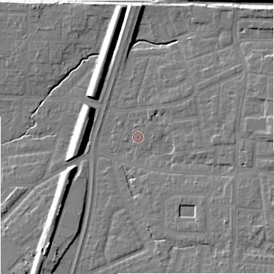 Shaded relief map of the ground around M192JW, computed from Environment Agency LiDAR. The ground here sits at about 44 m above sea level and falls 12 m across the surrounding 800 m. Surface water reaching this point runs off ground lying to the east, 7.7 m higher.