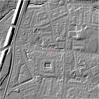 Shaded relief map of the ground around M192LG, computed from Environment Agency LiDAR. The ground here sits at about 45 m above sea level and falls 11 m across the surrounding 800 m. Surface water reaching this point runs off ground lying to the east-north-east, 6.5 m higher.