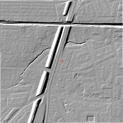 Shaded relief map of the ground around M192LN, computed from Environment Agency LiDAR. The ground here sits at about 44 m above sea level and falls 13 m across the surrounding 800 m. Surface water reaching this point runs off ground lying to the east-north-east, 8.4 m higher.