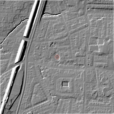 Shaded relief map of the ground around M192LQ, computed from Environment Agency LiDAR. The ground here sits at about 44 m above sea level and falls 12 m across the surrounding 800 m. Surface water reaching this point runs off ground lying to the east, 3.2 m higher.