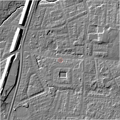 Shaded relief map of the ground around M192LR, computed from Environment Agency LiDAR. The ground here sits at about 45 m above sea level and falls 12 m across the surrounding 800 m. Surface water reaching this point runs off ground lying to the east-north-east, 6.7 m higher.