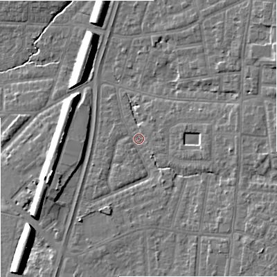 Shaded relief map of the ground around M192LT, computed from Environment Agency LiDAR. The ground here sits at about 44 m above sea level and falls 12 m across the surrounding 800 m. Surface water reaching this point runs off ground lying to the south-east, 5.8 m higher.