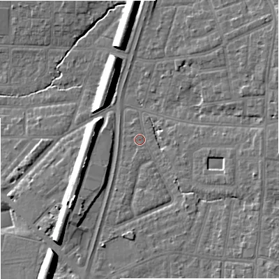 Shaded relief map of the ground around M192LU, computed from Environment Agency LiDAR. The ground here sits at about 43 m above sea level and falls 13 m across the surrounding 800 m. Surface water reaching this point runs off ground lying to the south-east, 6.0 m higher.