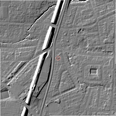 Shaded relief map of the ground around M192ND, computed from Environment Agency LiDAR. The ground here sits at about 43 m above sea level and falls 13 m across the surrounding 800 m. Surface water reaching this point runs off ground lying to the south-south-west, 3.4 m higher.